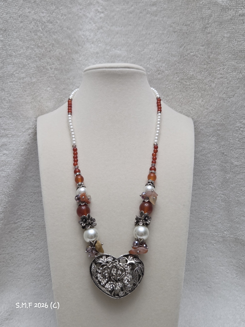 Red Agate w/White Glass Pearl/Austrian Crystals in a Heart Pendant Necklace